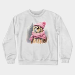 Adorable cute owl wearing a pink hat and scarf Crewneck Sweatshirt